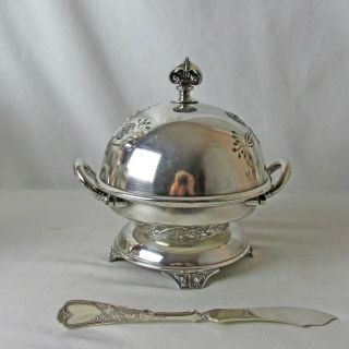 RARE WILCOX SILVER PLATED HINGED BUTTER DISH & TWIST HANDLE BUTTER KNIFE 3