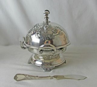 RARE WILCOX SILVER PLATED HINGED BUTTER DISH & TWIST HANDLE BUTTER KNIFE 4