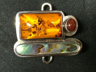 Vintage Tabra Handcrafted Connector Signed Charm Sterling Amber Coral Shell