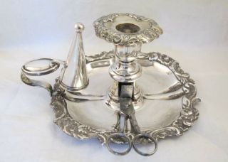 A Fine Sheffield Plate Chamber Candlestick With Snuffer Snips C1830