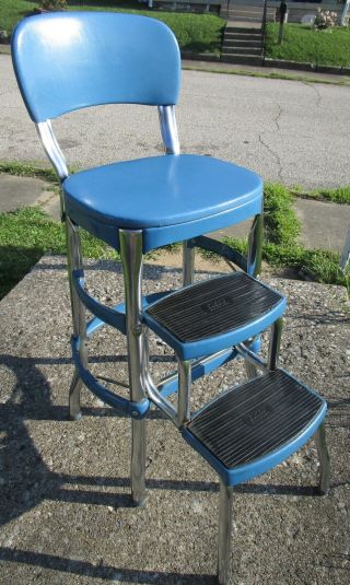 Vintage Cosco Step Stool Chair Fold Out Blue Chrome Metal