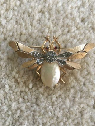 Vintage Crown Trifari Bug Butterfly Jelly Eye Pin Rhinestone Brooch Faux Pearl
