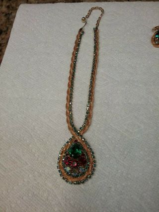 Vintage Green Red Aqua Rhinestone Floral Necklace & Clip - On Earrings As Seen