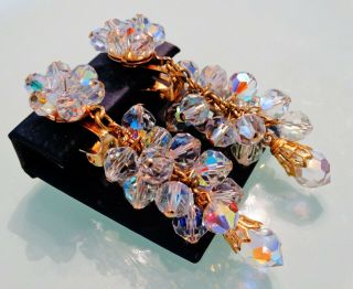 Vtg Juliana Estate 3 " Glass Aurora Borealis Crystal Cluster Grape Drop Earrings