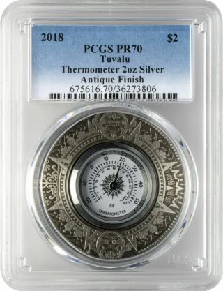2018 $2 Tuvalu Thermometer Antique Finish 2oz 9999 Silver Coin Pcgs Pr70