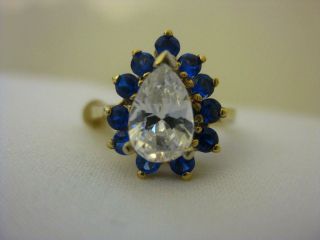 Vintage 14k Solid Yellow Gold Cz Pear Shaped Sapphire Ring Size 6