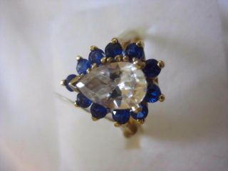 Vintage 14K Solid Yellow Gold CZ Pear Shaped Sapphire Ring Size 6 2