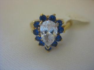 Vintage 14K Solid Yellow Gold CZ Pear Shaped Sapphire Ring Size 6 3