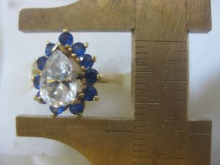Vintage 14K Solid Yellow Gold CZ Pear Shaped Sapphire Ring Size 6 8