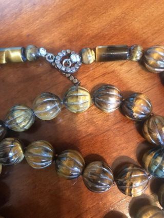 Vintage Sterling Silver Tigers Eye Carved Melon Beads Necklace