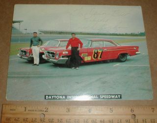 Buck & Buddy Baker Daytona Speedway Vtg 1962 Chrysler Old Racing Postcard Signed