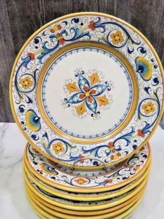 Set Of 8 Vintage Grazia Deruta Italy Dinner Plates 9 5/8 " Blue Yellow Majolica