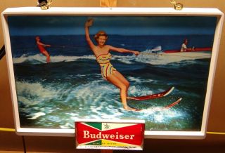 1957 Vtg Budweiser Beer Lighted Sign Lake Skiing Evinrude Outboard Motor Boat