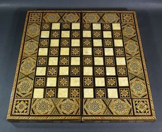 Vintage Mop Inlaid Wood Marquetry Backgammon Chess Checker Board Game Box