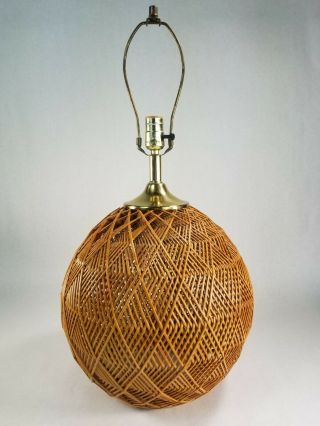Mid Century Modern Round Rattan Wicker Table Lamp Sculptured Geometric Vintage