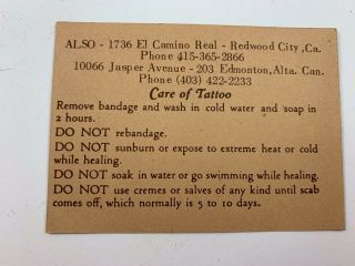 Vintage Picture Machine Tattooing San Francisco California Business Card 2