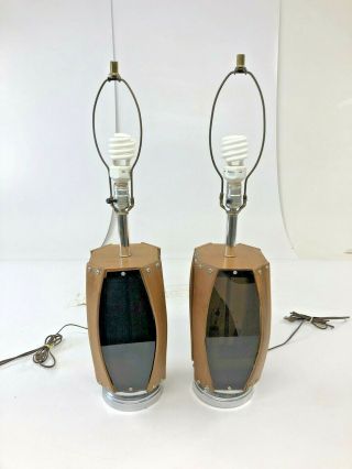 Vintage Bentwood Table Lamp Pair Mid Century Modern Glass Wood Danish 60s 3 Way