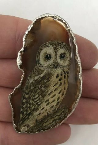 Silver Agate Hand Painted Large Owl Brooch By Jan Smith