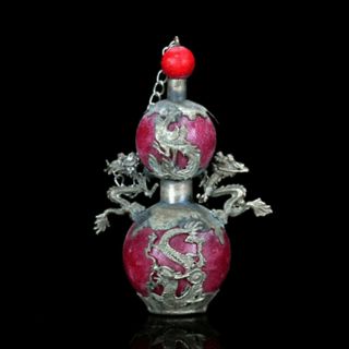 Chinese Antique Old Jade Armor Tibet Silver Hand Carved Dragon Snuff Bottle