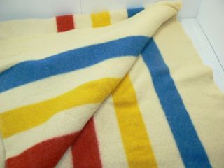 Vintage Maker Unknown Wool Blanket Cream With Red Blue Yellow Stripes 120 " X 72 "