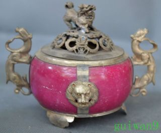 Collectable Old Agate Armor Miao Silver Carve Lizard Lion Ears Incense Burner