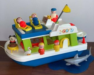 Vintage Fisher Price Little People Play Family Houseboat With,  Shark 