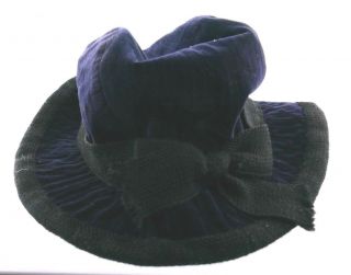 YVES SAINT LAURENT Vintage Blue Velvet & Black Cotton Bow Hat 2
