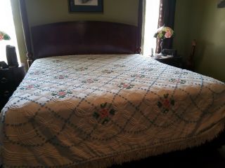 Vintage Chenille Bedspread Queen Size Flowers Leaves Blue Dot A Must Have