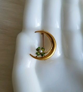 Vintage 10k Gold Moon W/clover And Pearl Pin