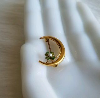 Vintage 10k Gold Moon W/Clover and Pearl Pin 3