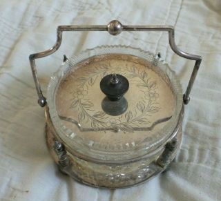 Vintage Clear Cut Glass Dish Sits In Sterling Silver Holder With Lid Hallmarks