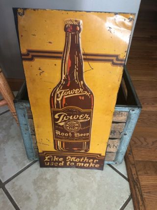 Vintage 1920s Tower Root Beer Soda Pop Embossed Tin Sign Gas Station Advertising