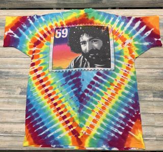 Vintage Grateful Dead Jerry Garcia 1995 Stamp Tie Dye Liquid Blue Tag XL 2