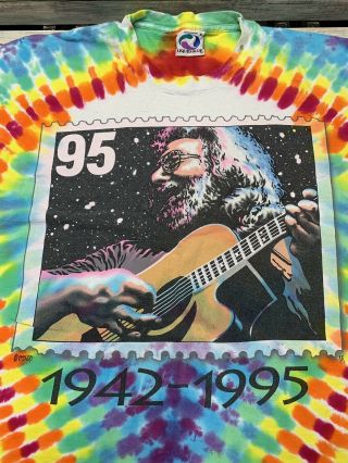 Vintage Grateful Dead Jerry Garcia 1995 Stamp Tie Dye Liquid Blue Tag XL 3