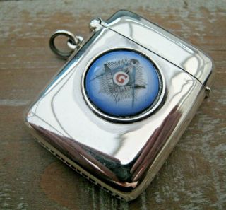 Antique Style Hallmarked Sterling Silver & Enamel Masonic Vesta Case Match Safe
