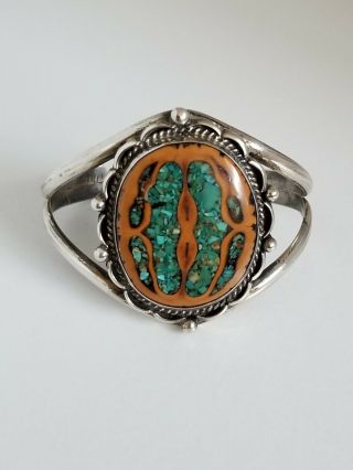 Vintage Native American Silver Crushed Turquoise Walnut Wood Cuff Bracelet