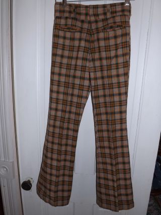 Vtg 1970s Cool Hipster Brown Orange Plaid Flair Bell Pants 27/29 Sears Put On