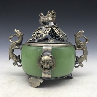 Vintage,  Old Chinese Jade Tibet Silver Armored Dragon Lion Incense Burner