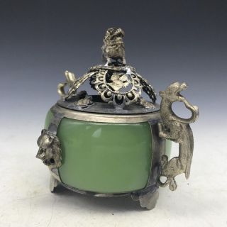 Vintage,  OLD Chinese JADE Tibet silver Armored dragon lion incense burner 3