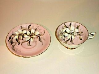 VINTAGE DOUBLE PARAGON TEA CUP & SAUCER WITH LARGE FLOWERS IN PINK COLORS 2