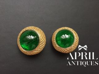 Vintage French Jewelled Green Cabochon Glass Goldplated Earrings