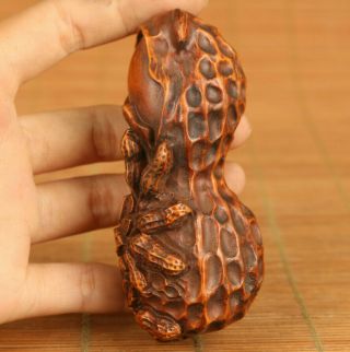 Chinese Old Boxwood Handmade Peanut Statue Figure Netsuke Hand Piece Gift