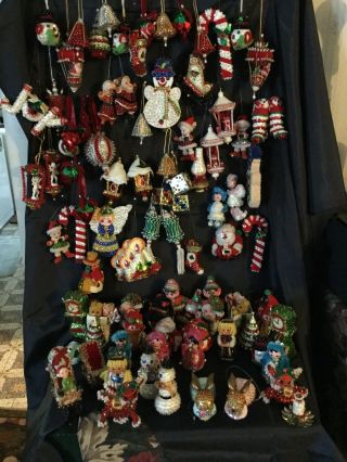 200 Vtg Handmade Xmas Tree Ornaments Beaded Sequin Pins Ribbon Satin Ornaments