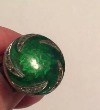 Vintage 1940’s Cabochon Green Enamel Ring Tiny Diamonds Silver Size 6&3/4