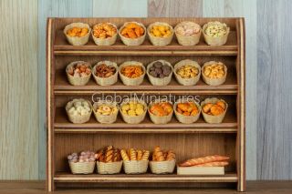 Dollhouse Miniatures Wooden Shelf With Assortment Of Bakery And Pastry In Basket