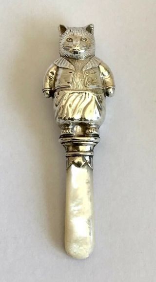 Antique Solid Silver Mother Of Pearl Cat Baby Rattle