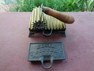 Rare Early Antique Cast Iron And Brass Elgin Fluter With Companion Trivet Htf