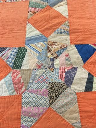 VINTAGE HANDMADE FEED SACK SCRAPPY STRING STAR QUILT W RED TICKING BACK FABRIC 2