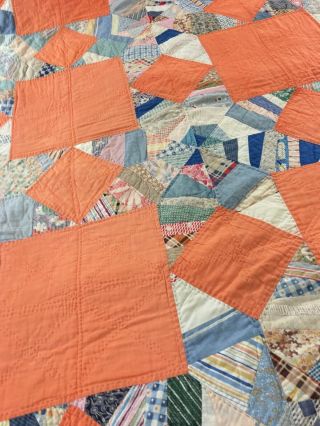 VINTAGE HANDMADE FEED SACK SCRAPPY STRING STAR QUILT W RED TICKING BACK FABRIC 3
