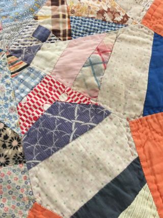 VINTAGE HANDMADE FEED SACK SCRAPPY STRING STAR QUILT W RED TICKING BACK FABRIC 7